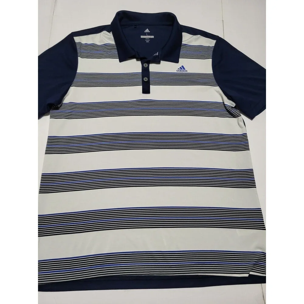 (#18) ADIDAS GOLF  Polo Size men's  Large Navy White Striped Short Sleeve